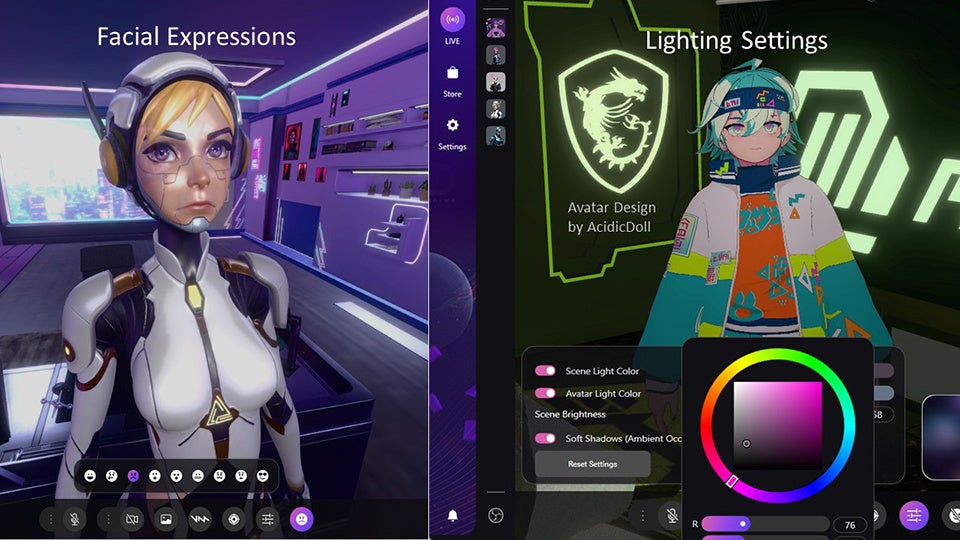 MSI DigiME expression-preset switching and lighting adjustment screens