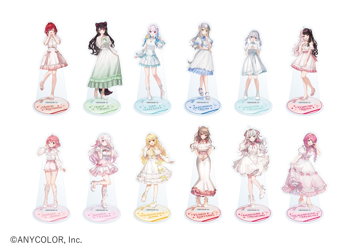 All 12 acrylic stand designs for Nijisanji Cafe Milky Ribbon Party