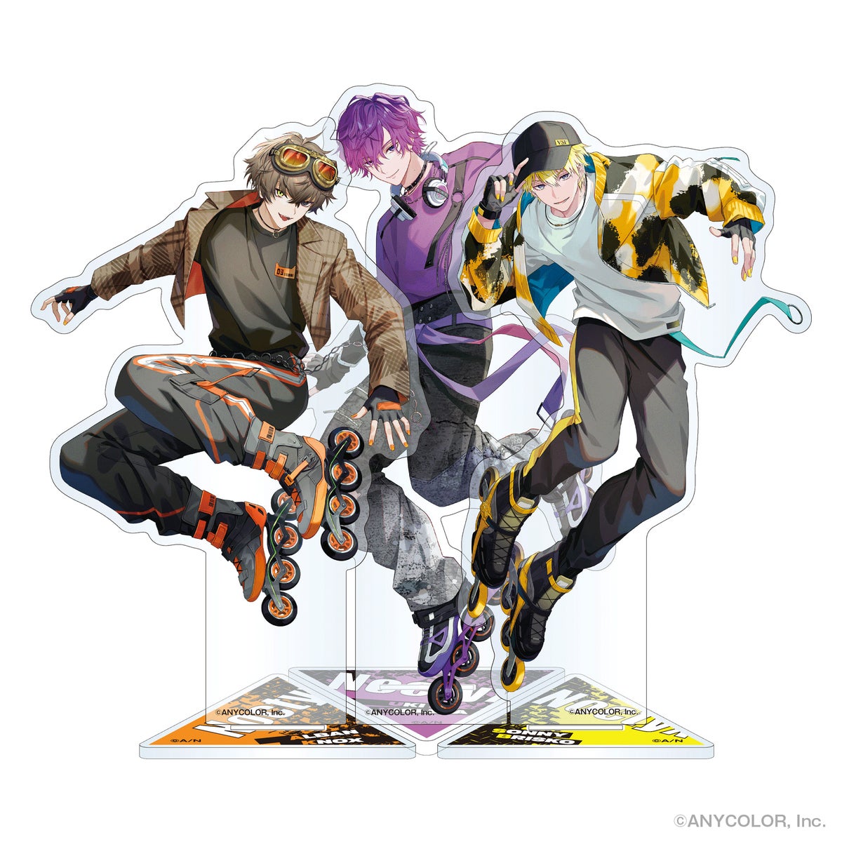 Noctyx acrylic stands featuring Alban Knox, Uki Violeta, and Sonny Brisko in the Roller Skate × Y2K visual