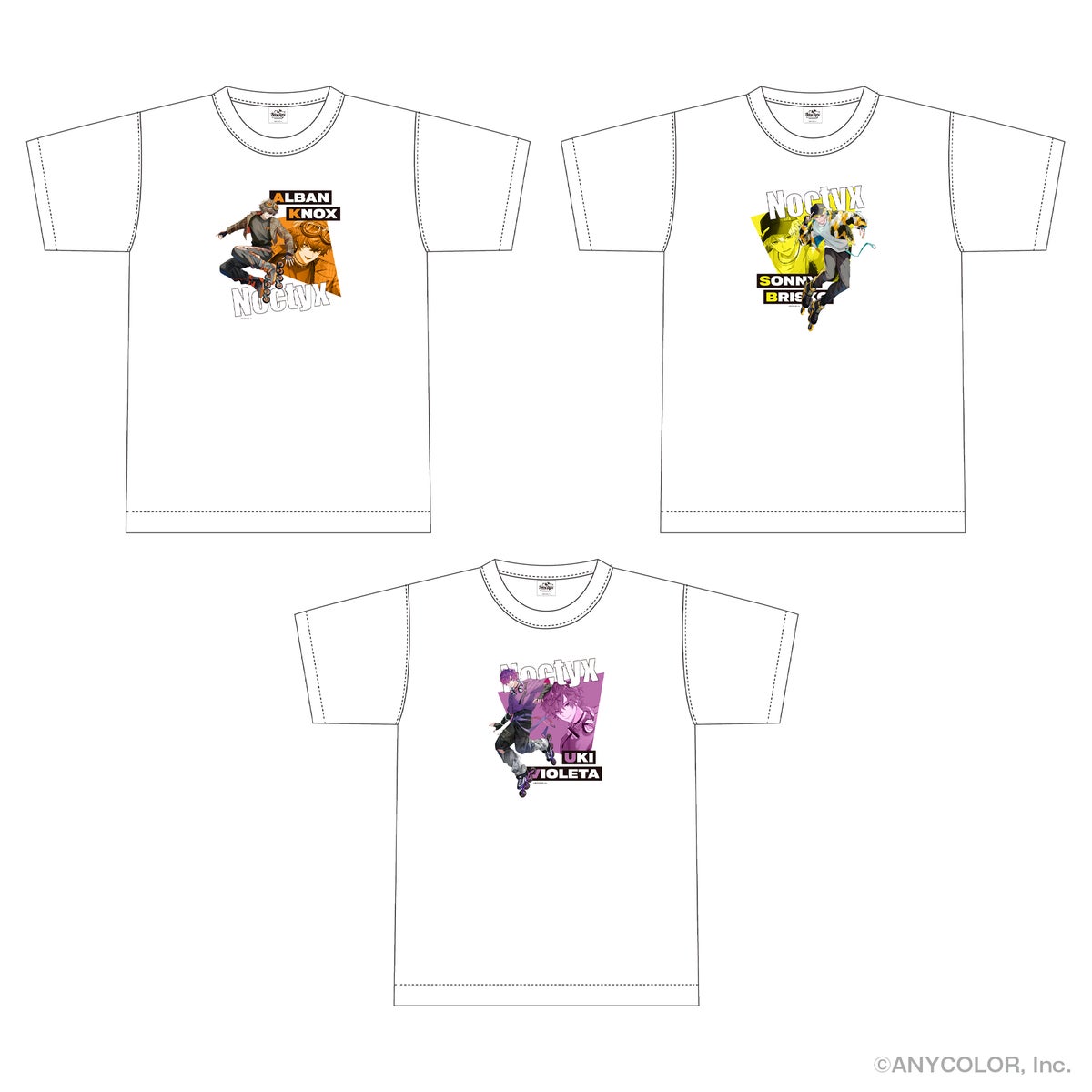 Three Noctyx T-shirts — Alban Knox, Uki Violeta, and Sonny Brisko editions