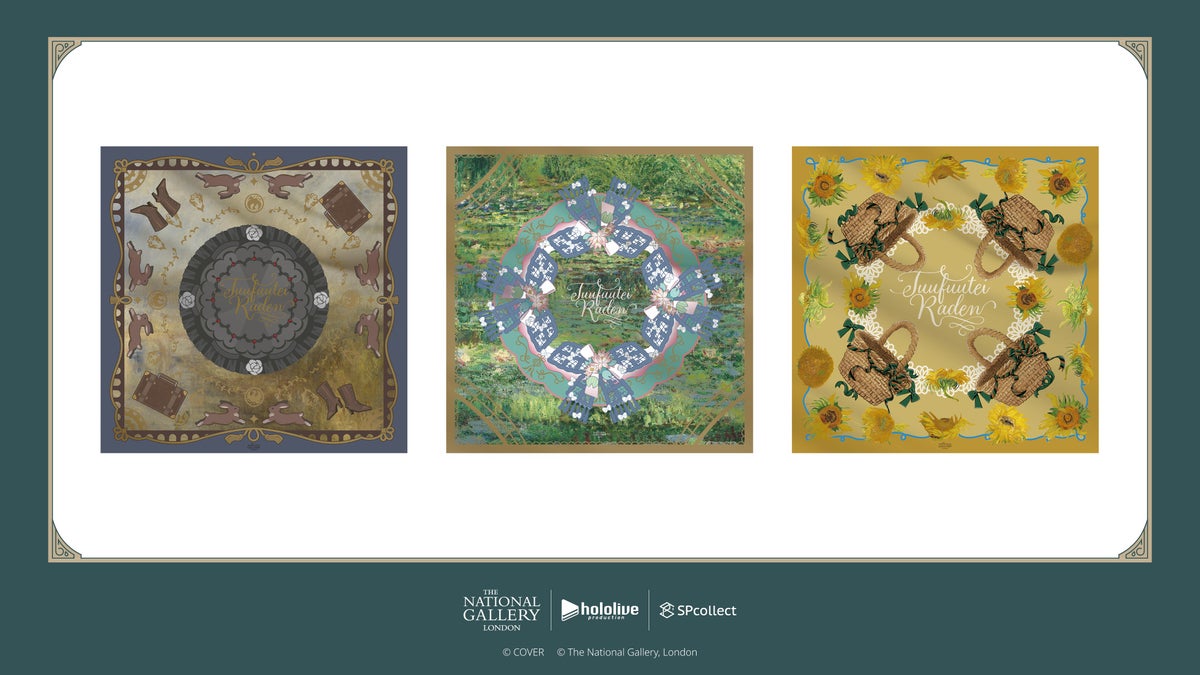 Designs of all three scarves in the Juufuutei Raden × London National Gallery collaboration