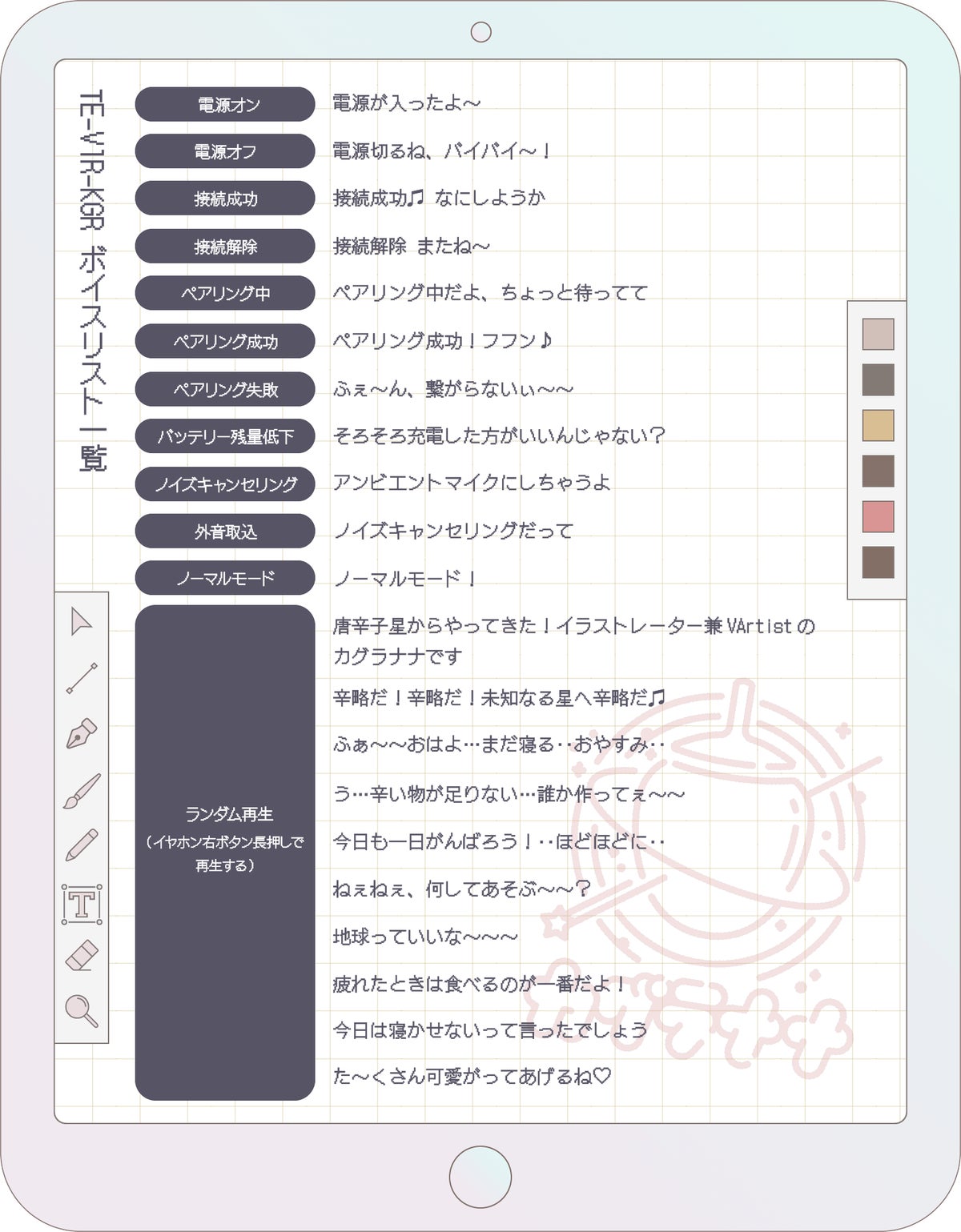 List of voice guidance and random voices for the TE-V1R-KGR