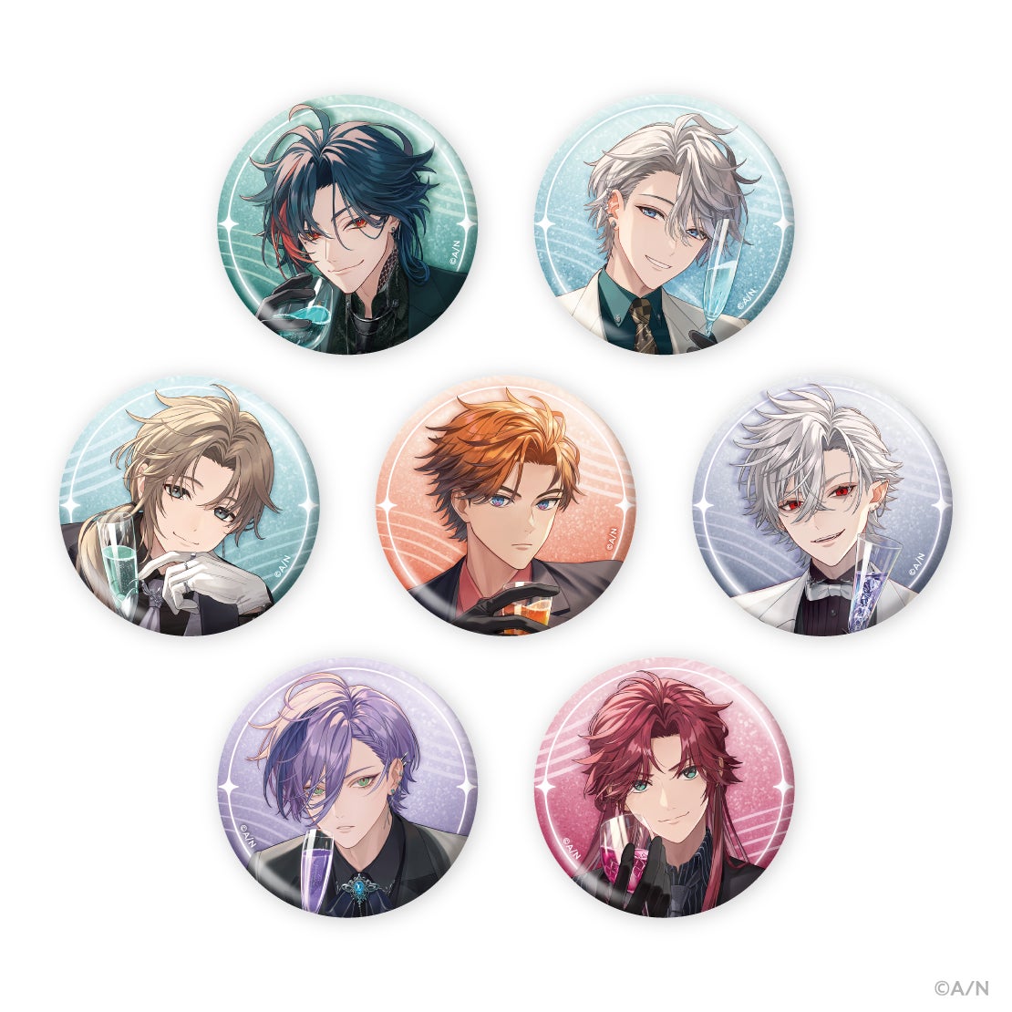 Random glitter can badges, all 7 types
