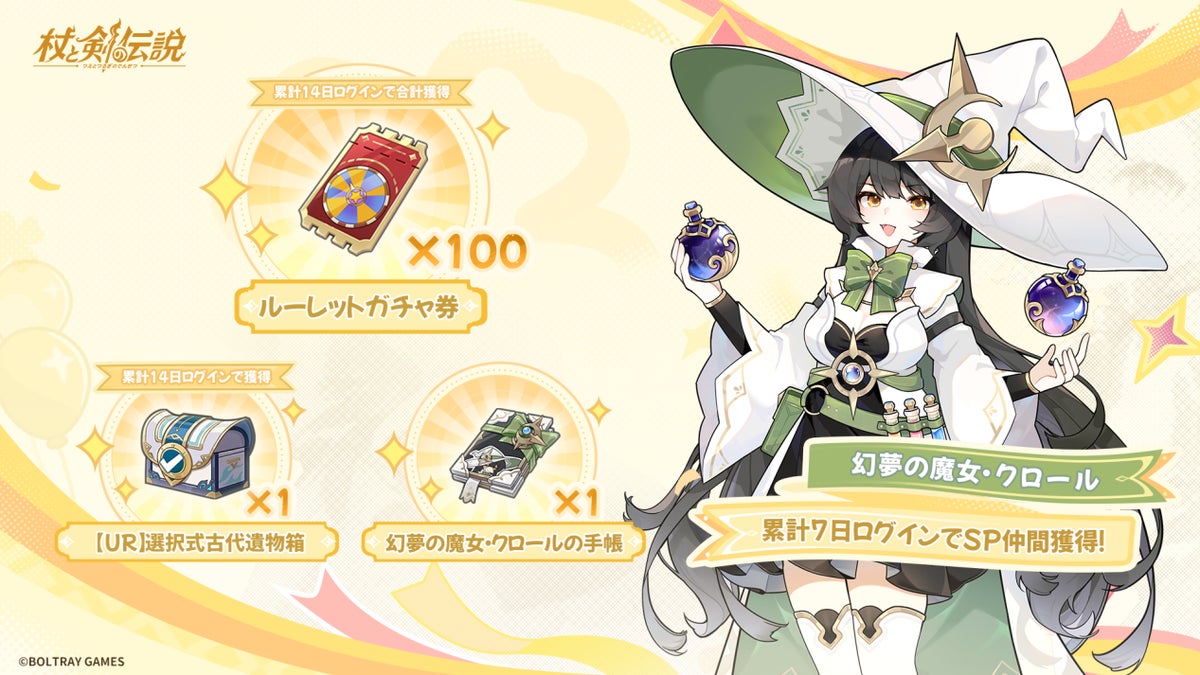 Legend of Staff and Sword 1st anniversary event rewards: 100 roulette gacha tickets, UR Selectable Ancient Relic Box, SP companion Crawl