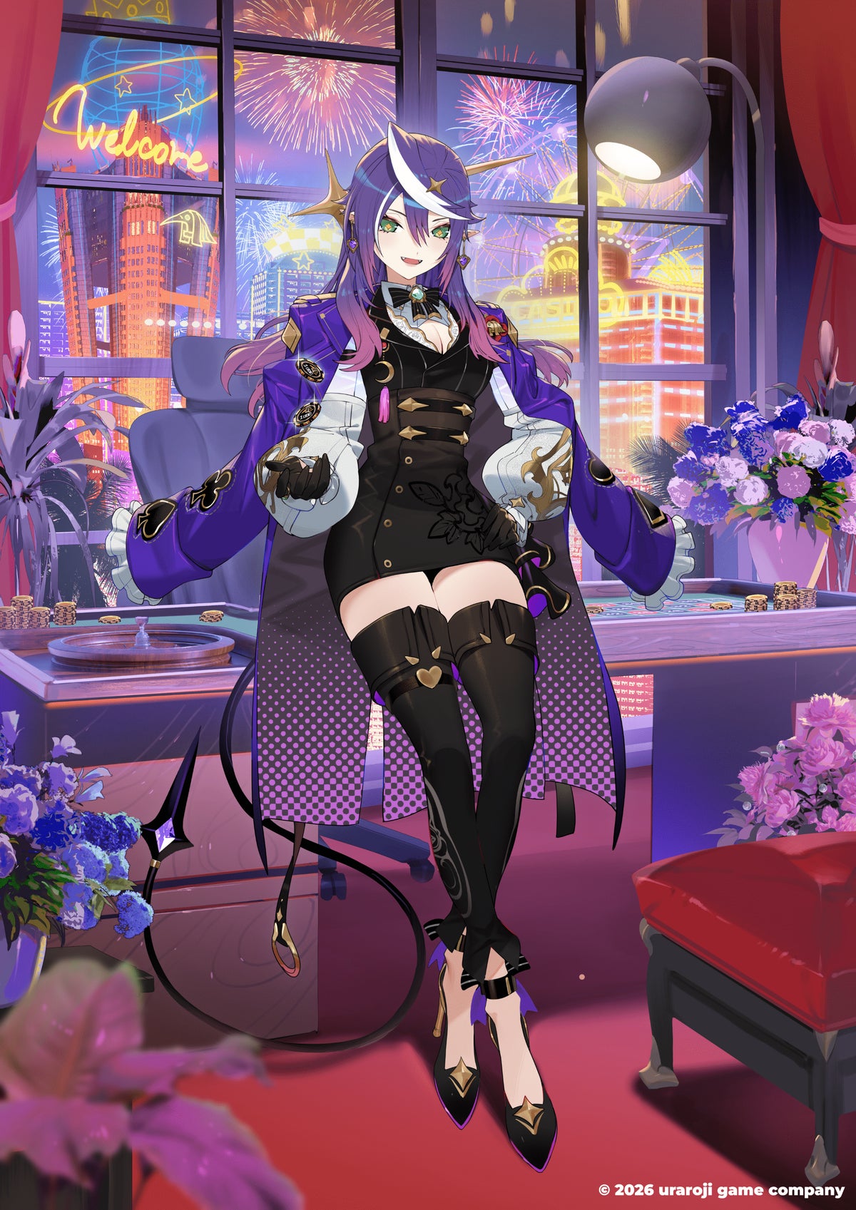 Toba Lila (purple hair, casino-themed character illustration)