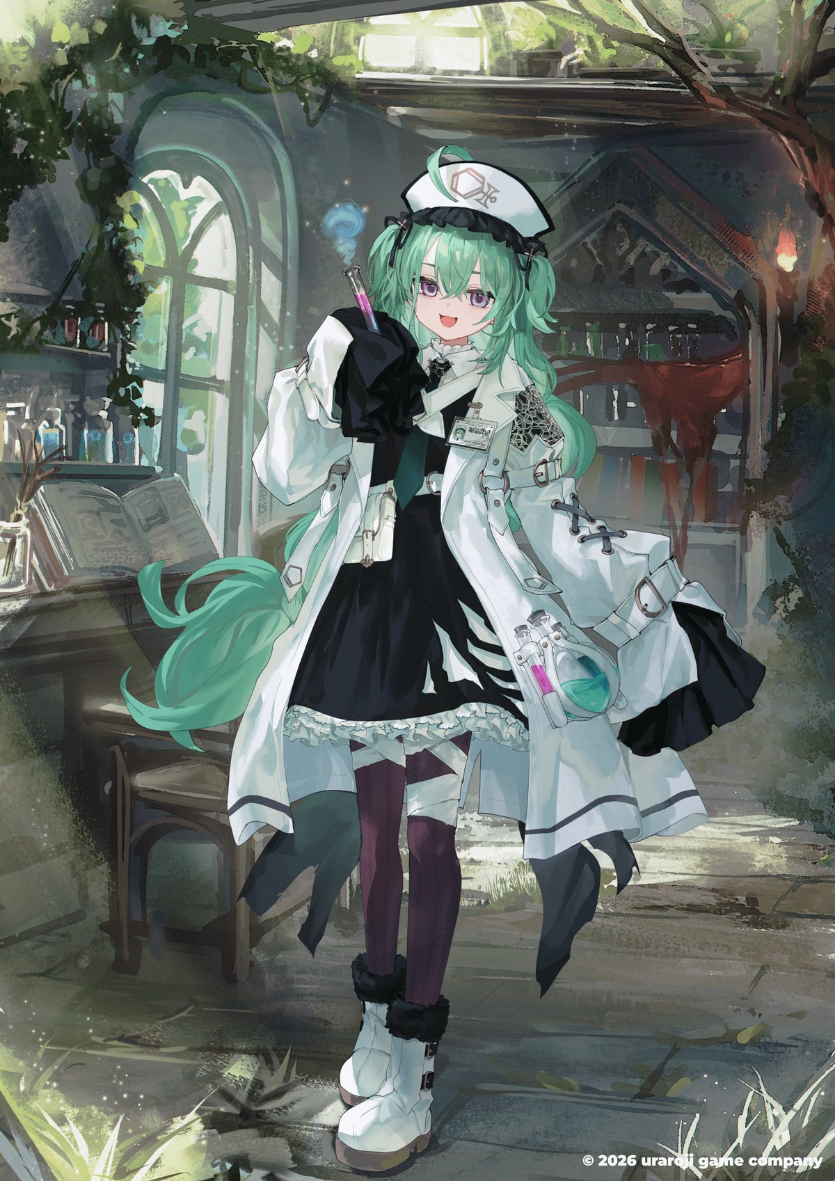 Yakushiji Mei (green hair, white coat, laboratory-themed character illustration)