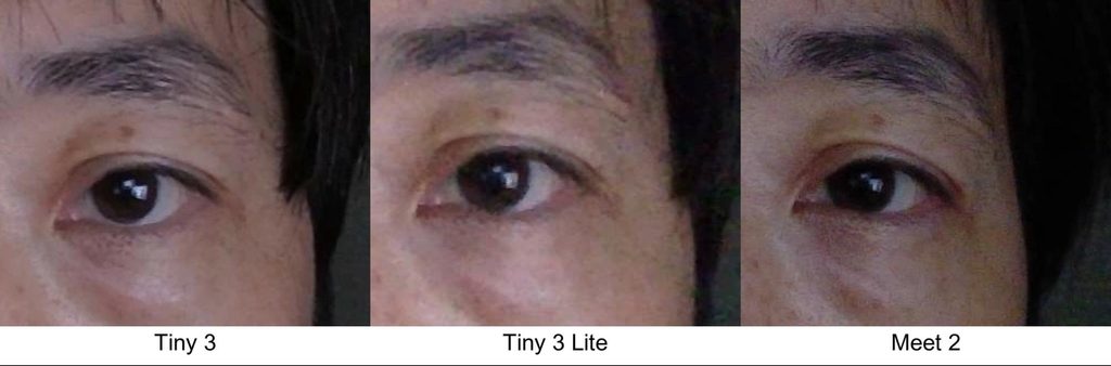 Eye and eyebrow crop comparison across three cameras