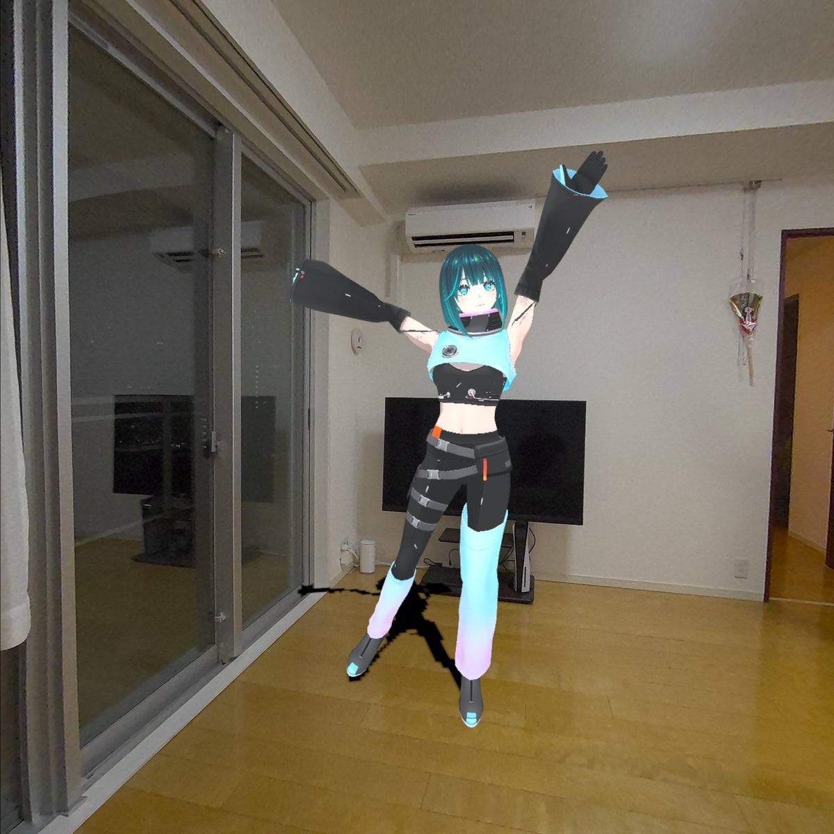 A 3D character appearing in a real room during an MR live stream